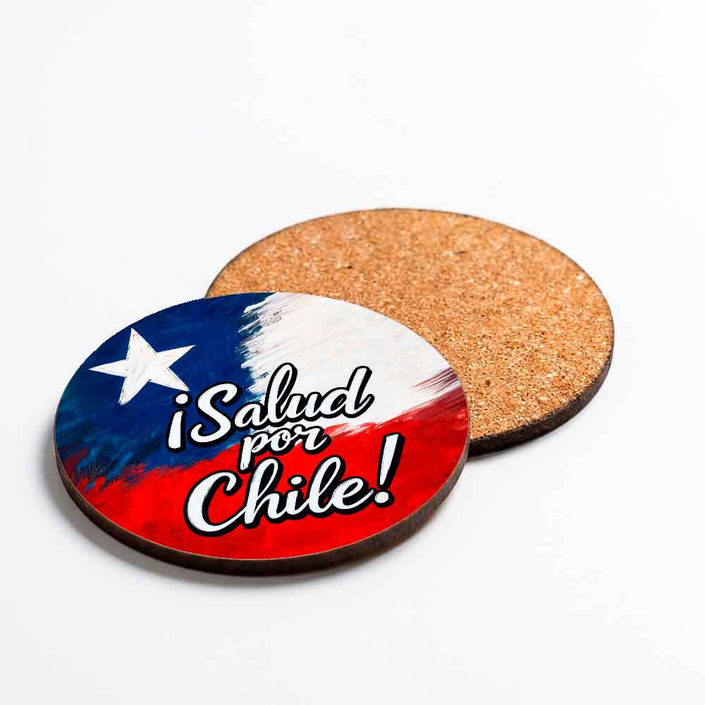 Posavasos de Fiestas Patrias con la bandera de Chile y la frase Salud por Chile, MDF redondo con base de corcho