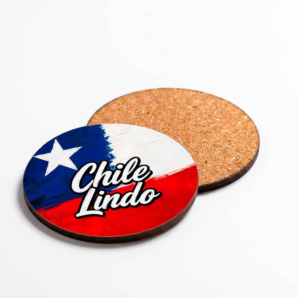 Posavasos de Fiestas Patrias con la bandera de Chile y la frase Chile Lindo, MDF redondo con base de corcho