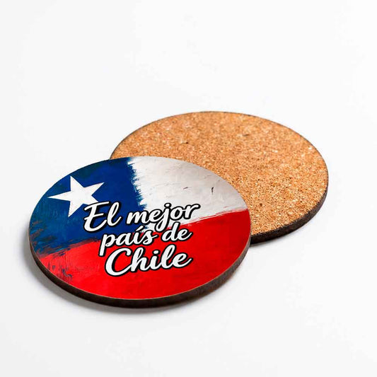 Posavasos de Fiestas Patrias con la bandera de Chile y la frase El mejor país de Chile, MDF redondo con base de corcho