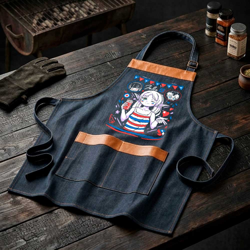 Pechera parrillera Frieren de mezclilla con bolsillo frontal diseño anime Fiestas Patrias