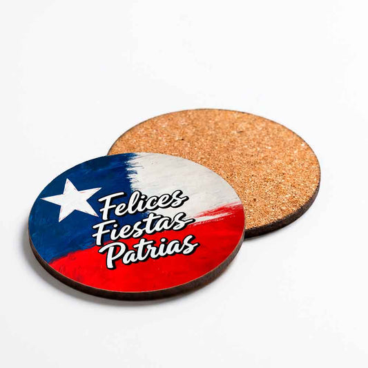 Posavasos de Fiestas Patrias con la bandera de Chile y la frase Felices Fiestas Patrias, MDF redondo con base de corcho