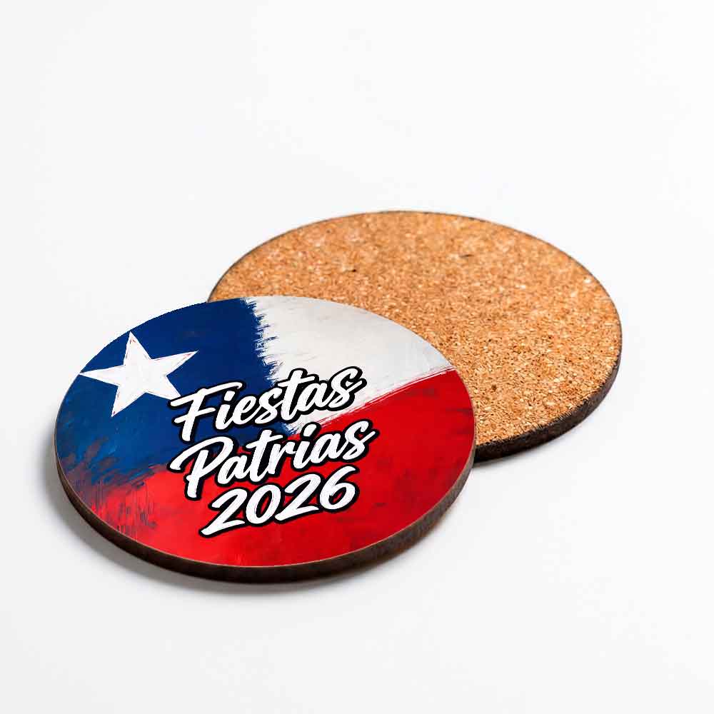 Posavasos de Fiestas Patrias 2026 con la bandera de Chile, MDF redondo con base de corcho