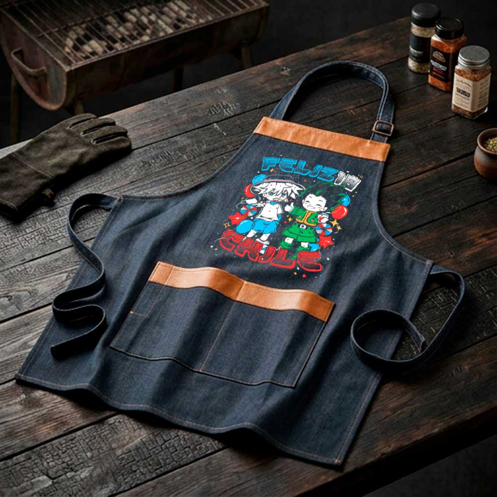 Pechera parrillera Gon y Killua de mezclilla con bolsillo frontal diseño anime Fiestas Patrias