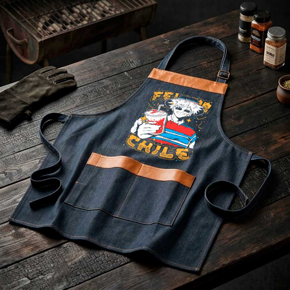 Pechera parrillera Gojo Satoru de mezclilla con bolsillo frontal diseño anime Fiestas Patrias