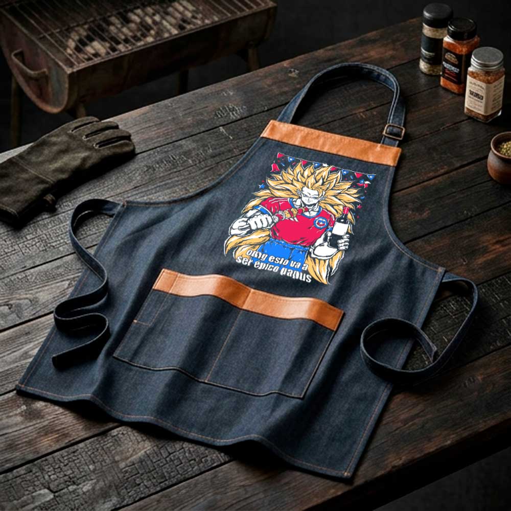 Pechera parrillera Goku Super Saiyajin de mezclilla con bolsillo frontal diseño anime Fiestas Patrias