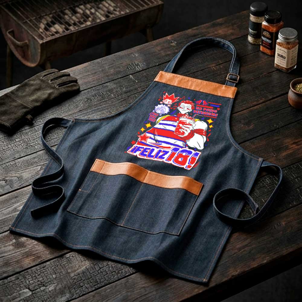 Pechera parrillera Hisoka de mezclilla con bolsillo frontal diseño anime Fiestas Patrias