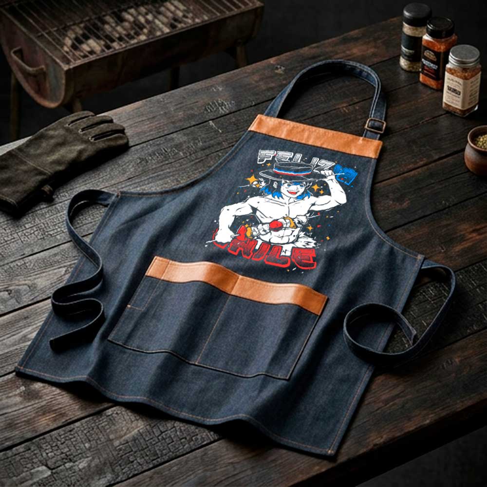 Pechera parrillera Inosuke Hashibira de mezclilla con bolsillo frontal diseño anime Fiestas Patrias