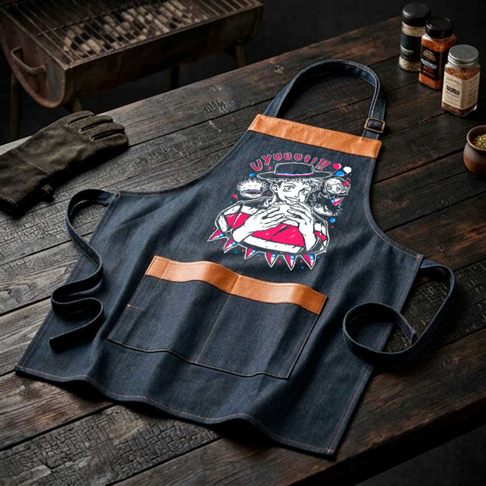 Pechera parrillera Yuji Itadori de mezclilla con bolsillo frontal diseño anime Fiestas Patrias
