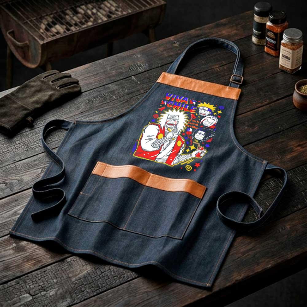 Pechera parrillera Jiraiya de mezclilla con bolsillo frontal diseño anime Fiestas Patrias
