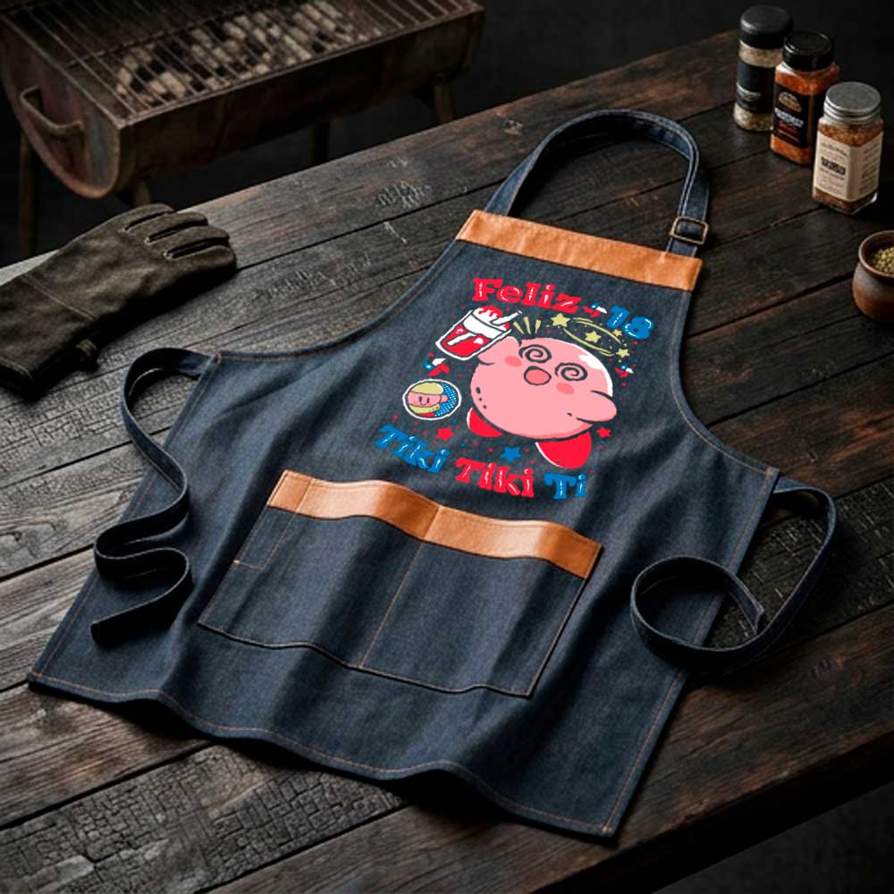 Pechera parrillera Kirby de mezclilla con bolsillo frontal diseño Fiestas Patrias