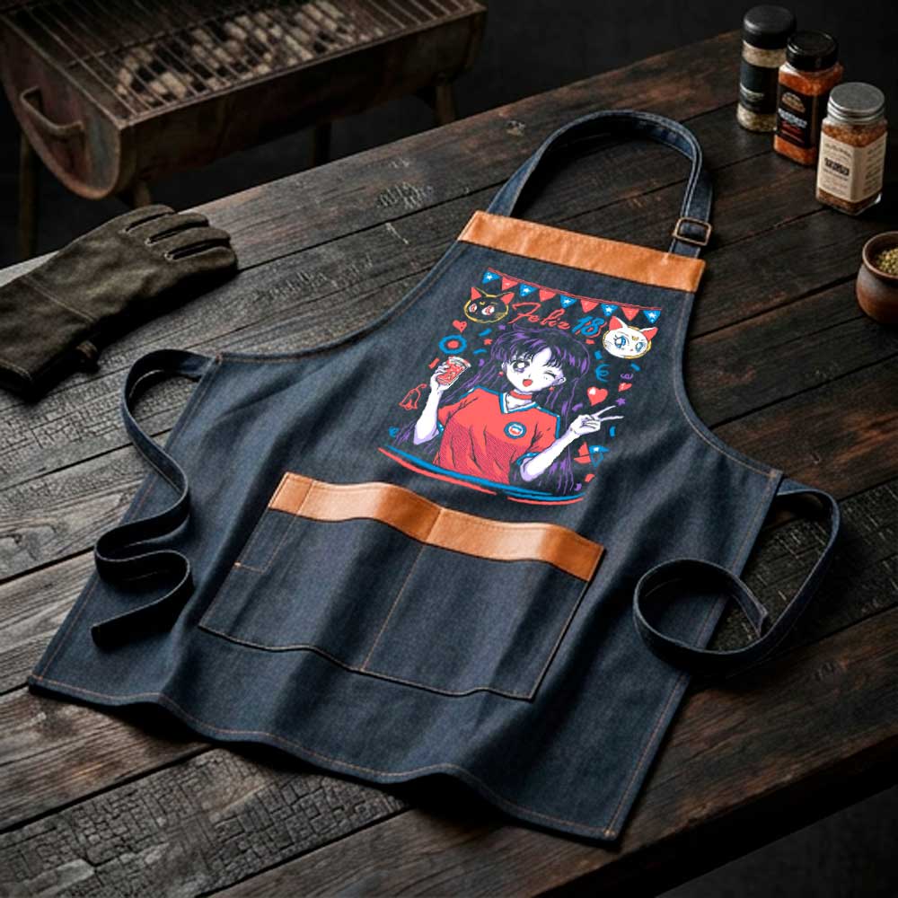 Pechera parrillera Sailor Mars de mezclilla con bolsillo frontal diseño anime Fiestas Patrias