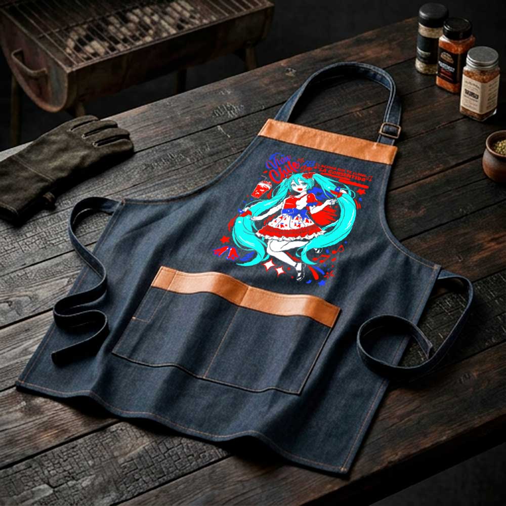Pechera parrillera Hatsune Miku de mezclilla con bolsillo frontal diseño anime Fiestas Patrias
