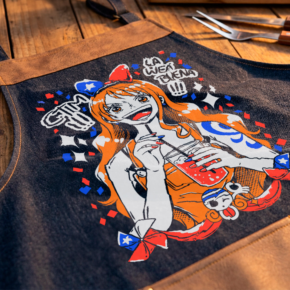 Pechera parrillera Nami de mezclilla con bolsillo frontal diseño anime Fiestas Patrias