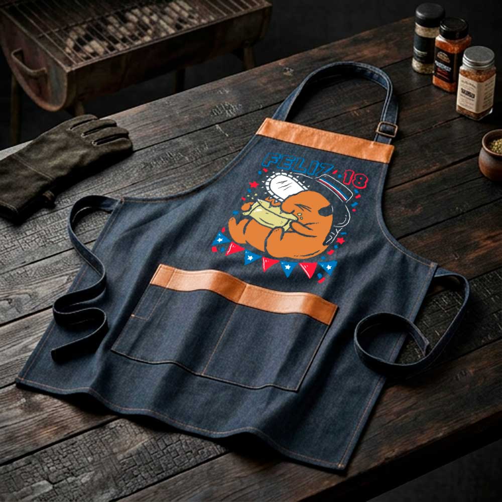 Pechera parrillera Pochita de mezclilla con bolsillo frontal diseño anime Fiestas Patrias
