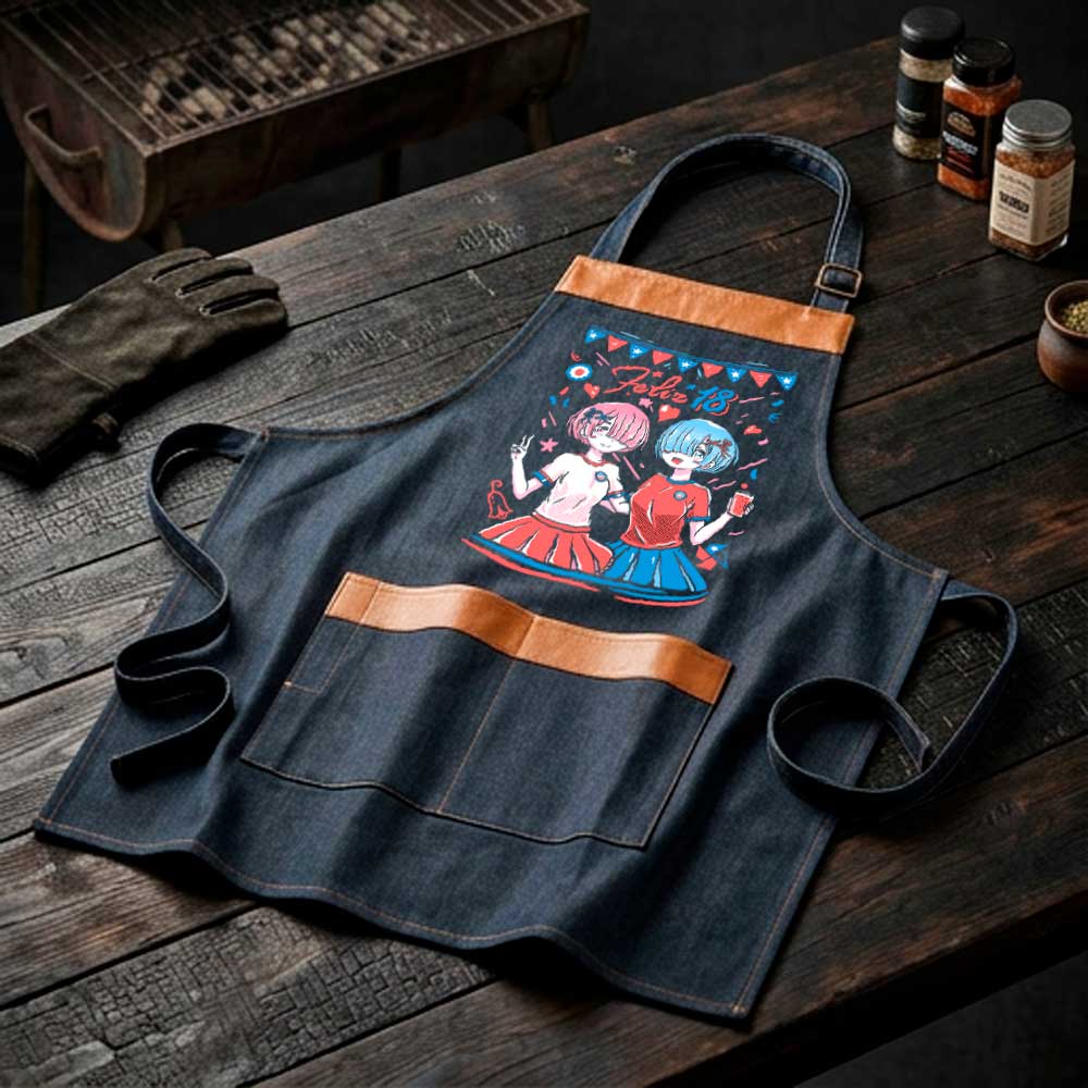 Pechera parrillera Rem y Ram de mezclilla con bolsillo frontal diseño anime Fiestas Patrias