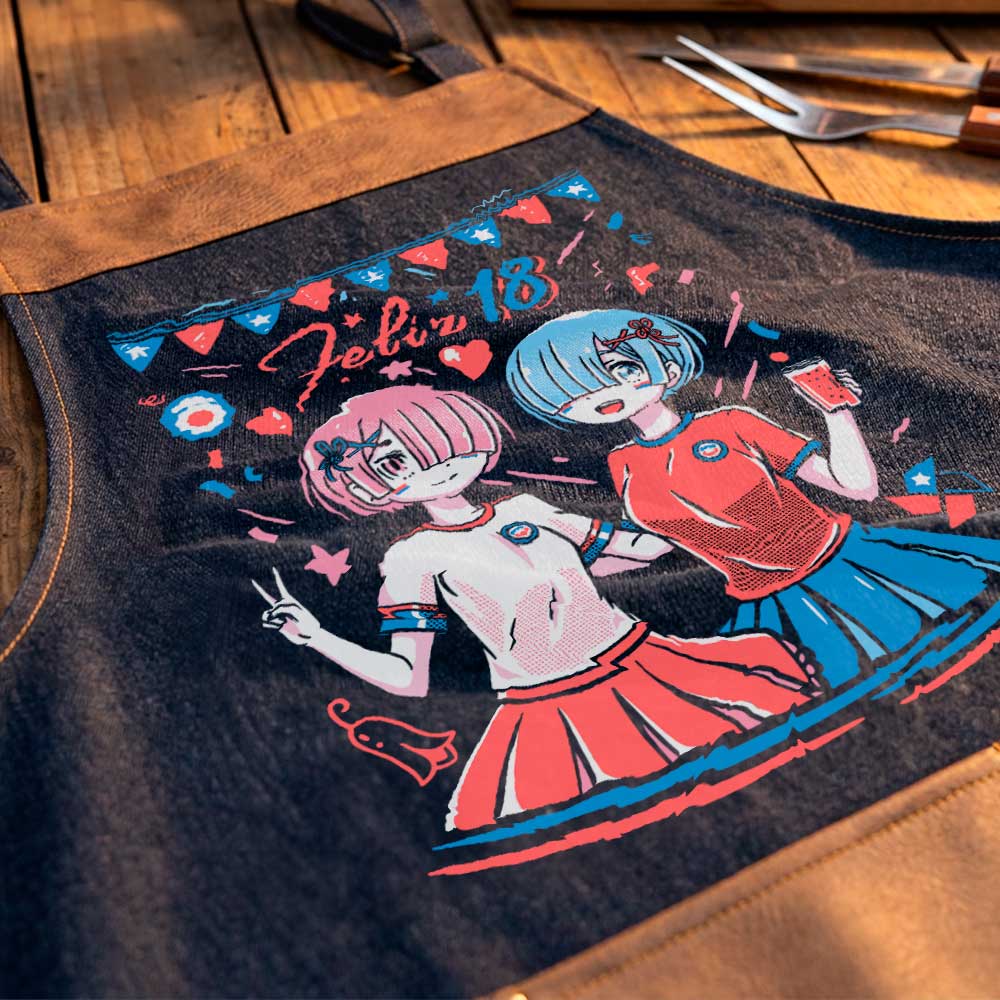 Delantal parrillero Rem y Ram Re Zero Fiestas Patrias exclusivo de Muroideas