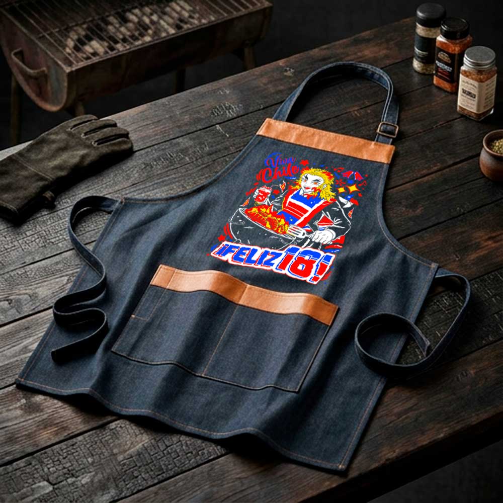 Pechera parrillera Rengoku de mezclilla con bolsillo frontal diseño anime Fiestas Patrias