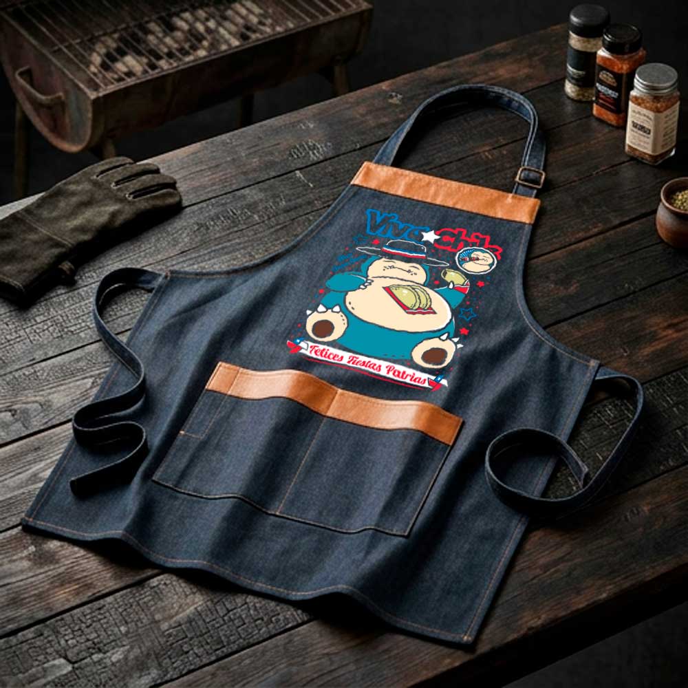 Pechera parrillera Snorlax de mezclilla con bolsillo frontal diseño Pokémon Fiestas Patrias