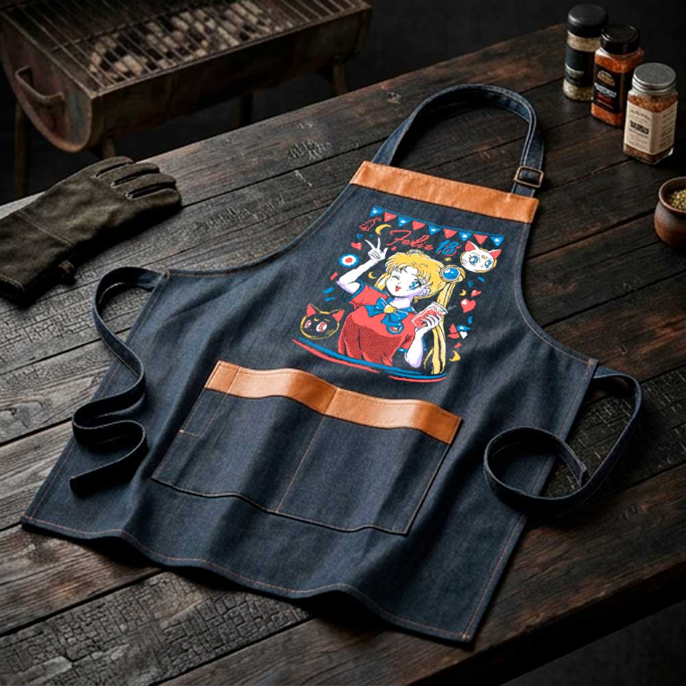 Pechera parrillera Sailor Moon de mezclilla con bolsillo frontal diseño anime Fiestas Patrias