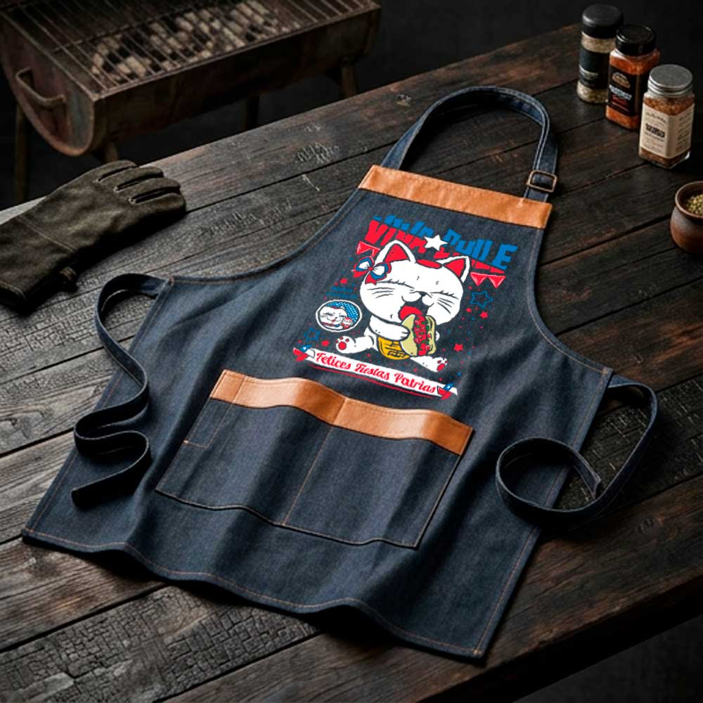 Pechera parrillera Turbo Abuela de mezclilla con bolsillo frontal diseño anime Fiestas Patrias