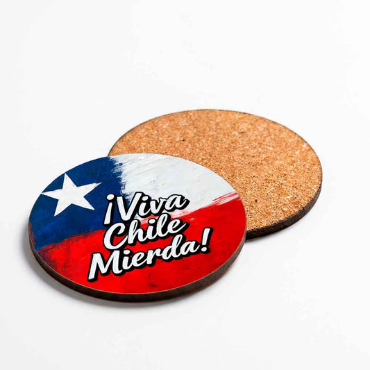 Posavasos de Fiestas Patrias con la bandera de Chile y la frase Viva Chile Mierda, MDF redondo con base de corcho