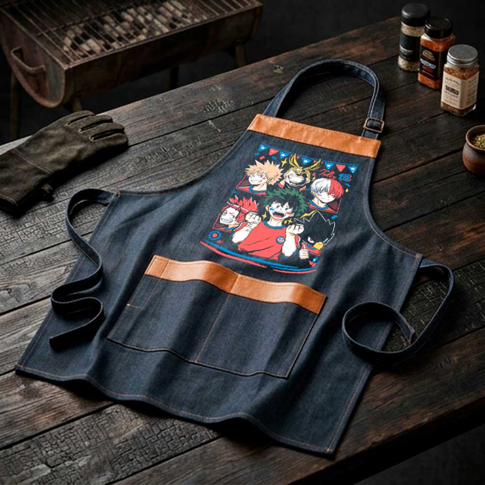 Pechera Parrillera My Hero Academia Fiestas Patrias con Deku, Bakugo, Todoroki y All Might exclusivo de Muroideas