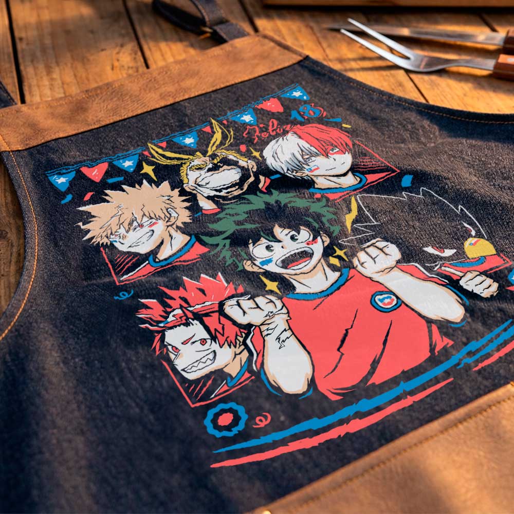 Delantal parrillero My Hero Academia Fiestas Patrias con Deku, Bakugo, Todoroki y All Might exclusivo de Muroideas