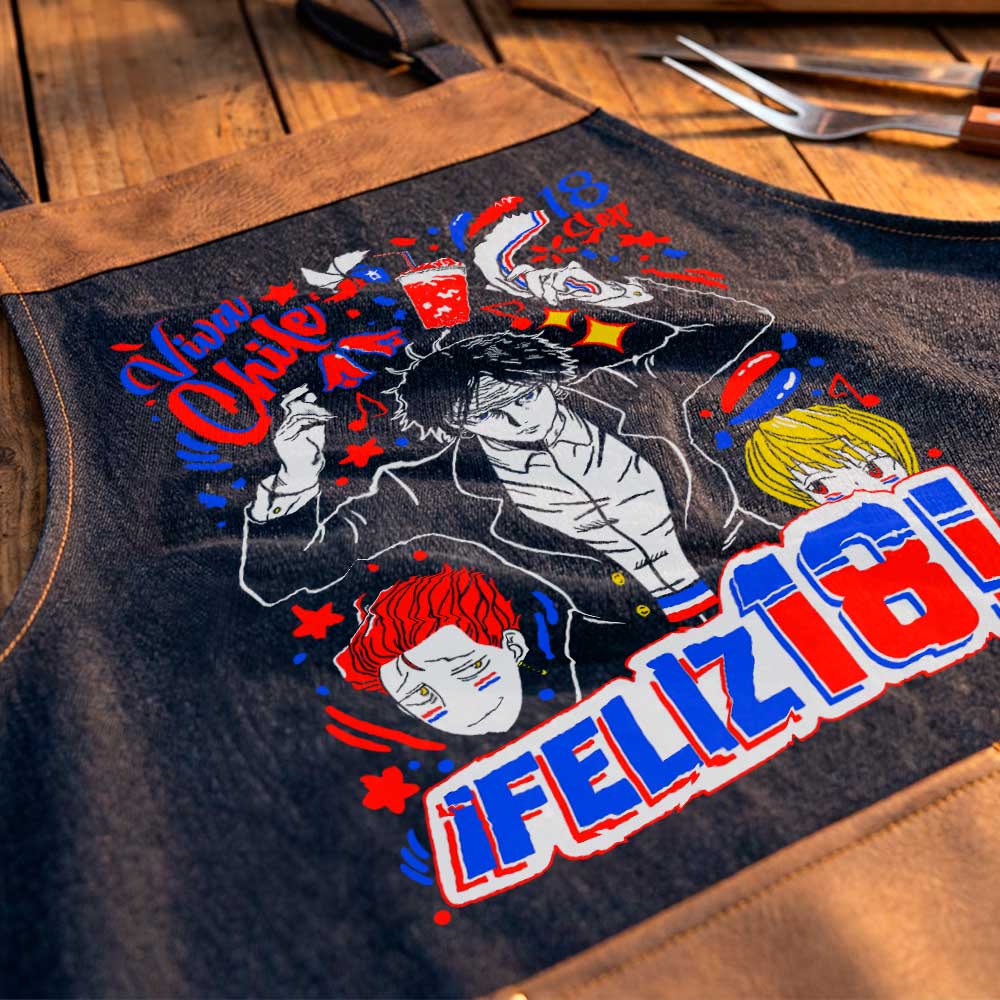 Delantal parrillero Chrollo Lucilfer Hunter x Hunter Fiestas Patrias en mezclilla con impresión DTF exclusiva de Muroideas