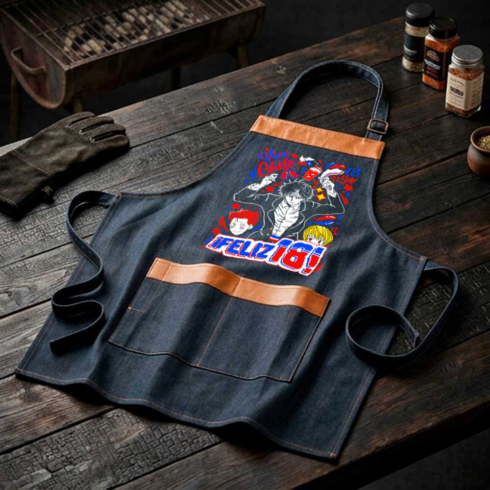 Pechera Parrillera Chrollo Lucilfer Hunter x Hunter Fiestas Patrias en mezclilla con impresión DTF exclusiva de Muroideas