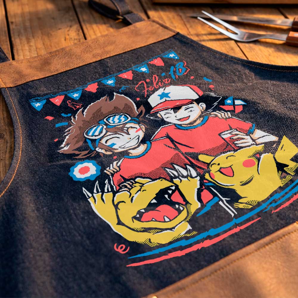 Delantal parrillero Digimon y Pokémon Fiestas Patrias con Agumon, Tai Kamiya y Pikachu en mezclilla con impresión DTF exclusivo de Muroideas