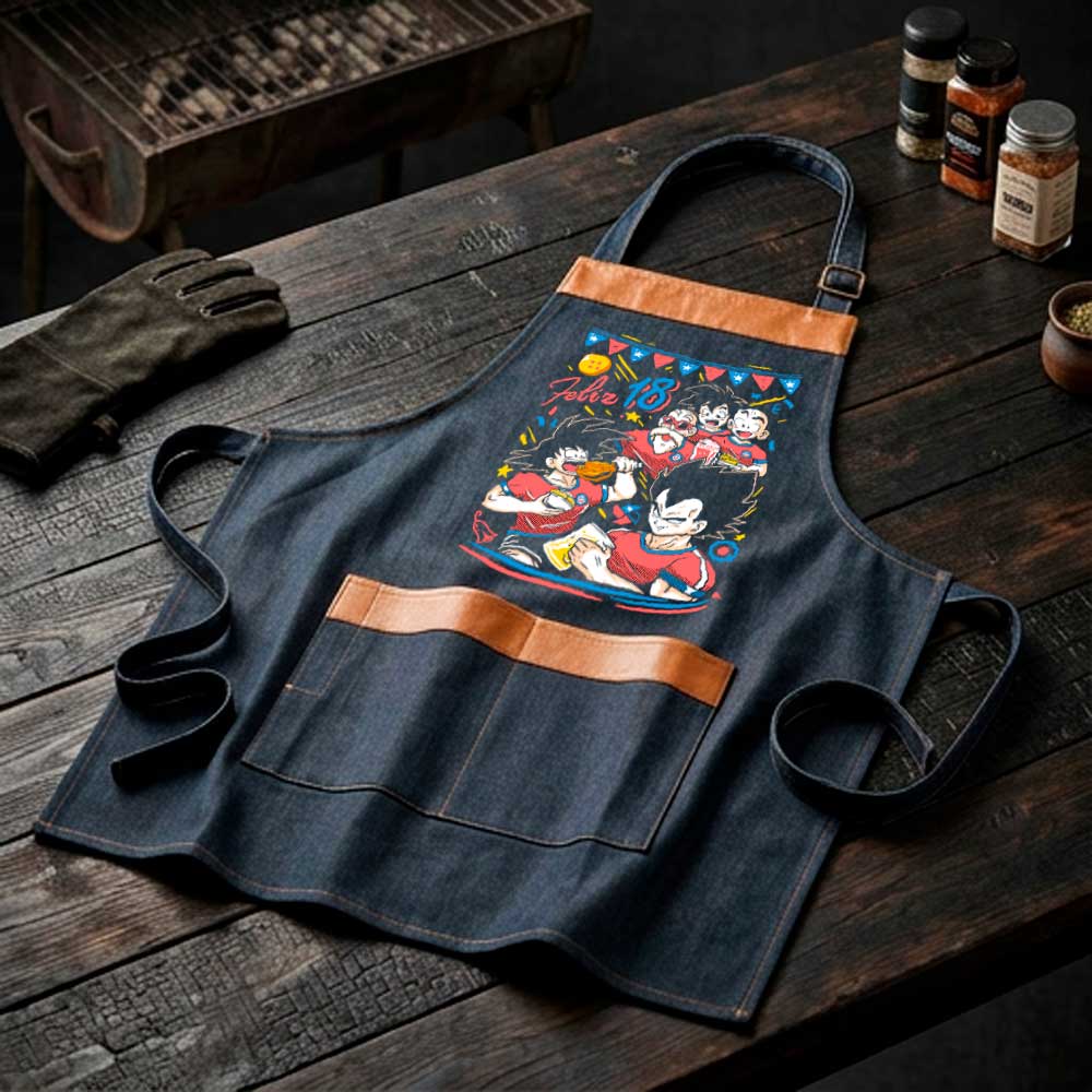 Pechera parrillera Dragon Ball Z de mezclilla con bolsillo frontal diseño anime Fiestas Patrias