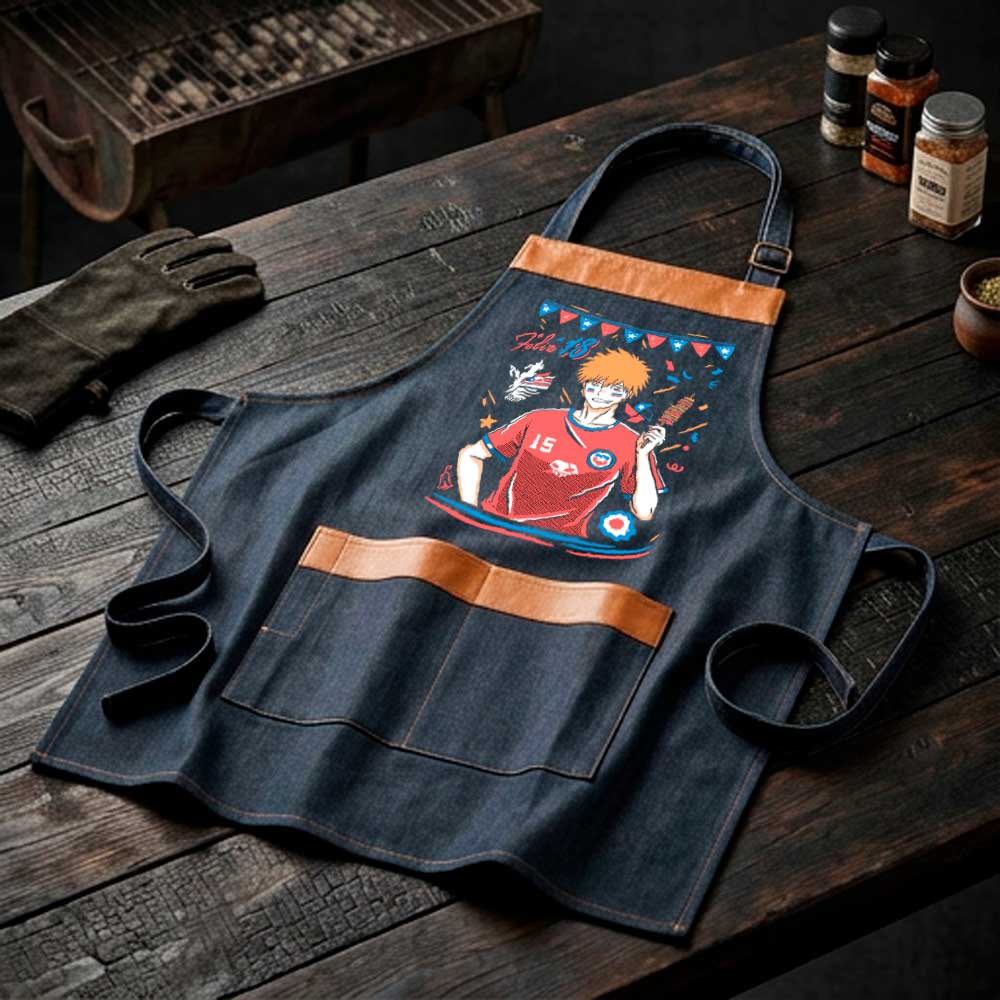 Pechera parrillera Ichigo Kurosaki de mezclilla con bolsillo frontal diseño anime Fiestas Patrias