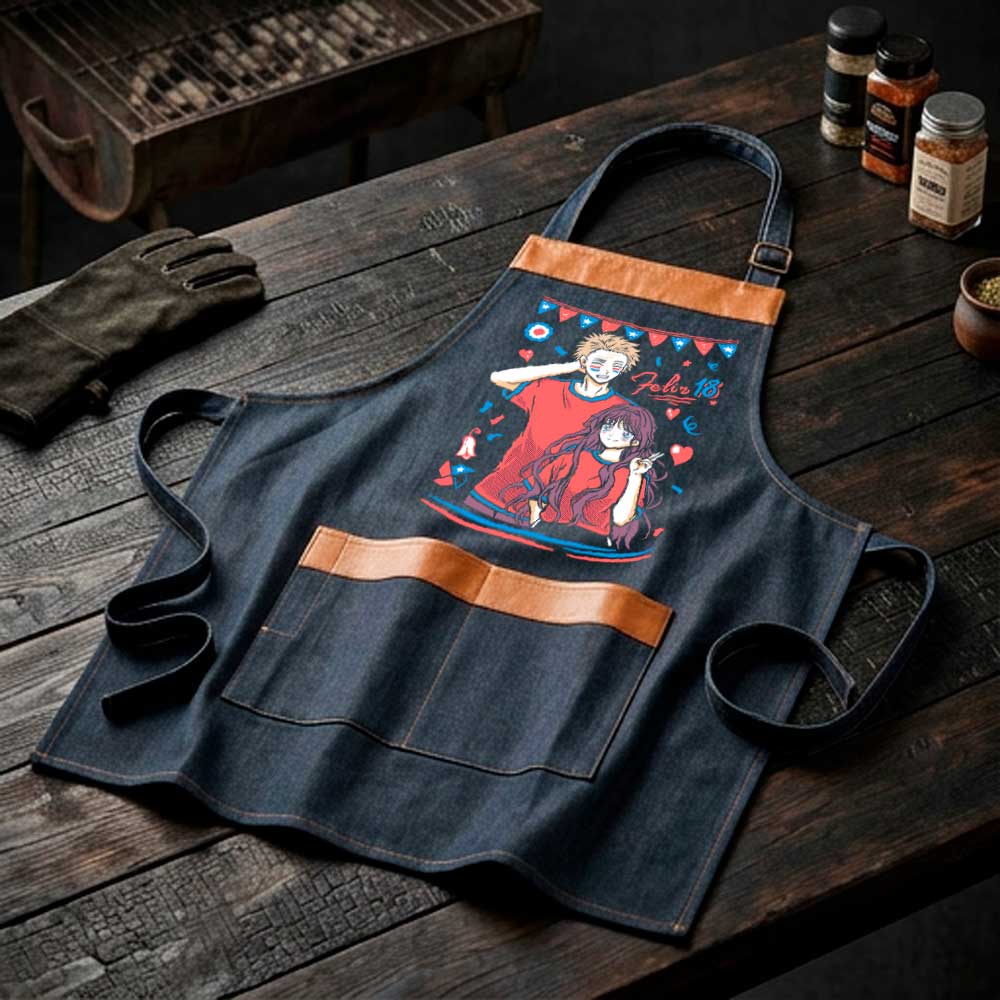 Pechera parrillera Kaoru y Sentaro de mezclilla con bolsillo frontal diseño anime Fiestas Patrias