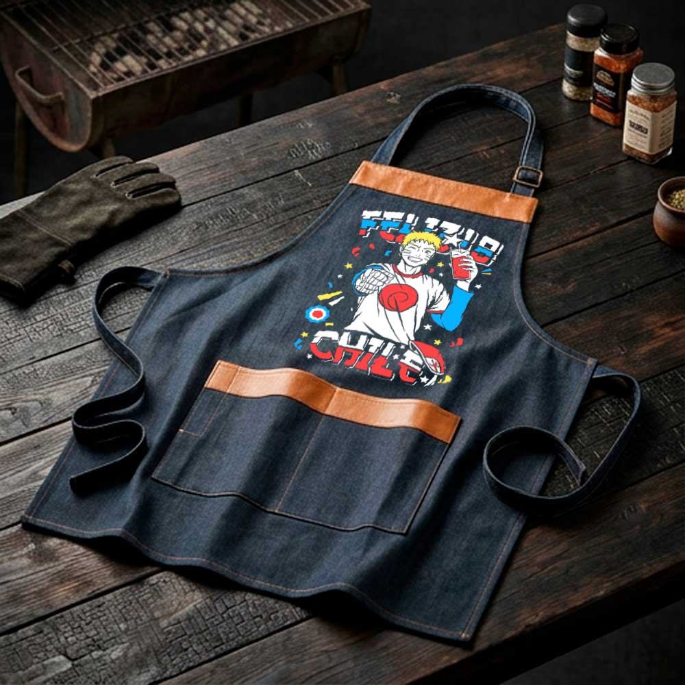 Pechera parrillera Naruto Uzumaki de mezclilla con bolsillo frontal diseño anime Fiestas Patrias