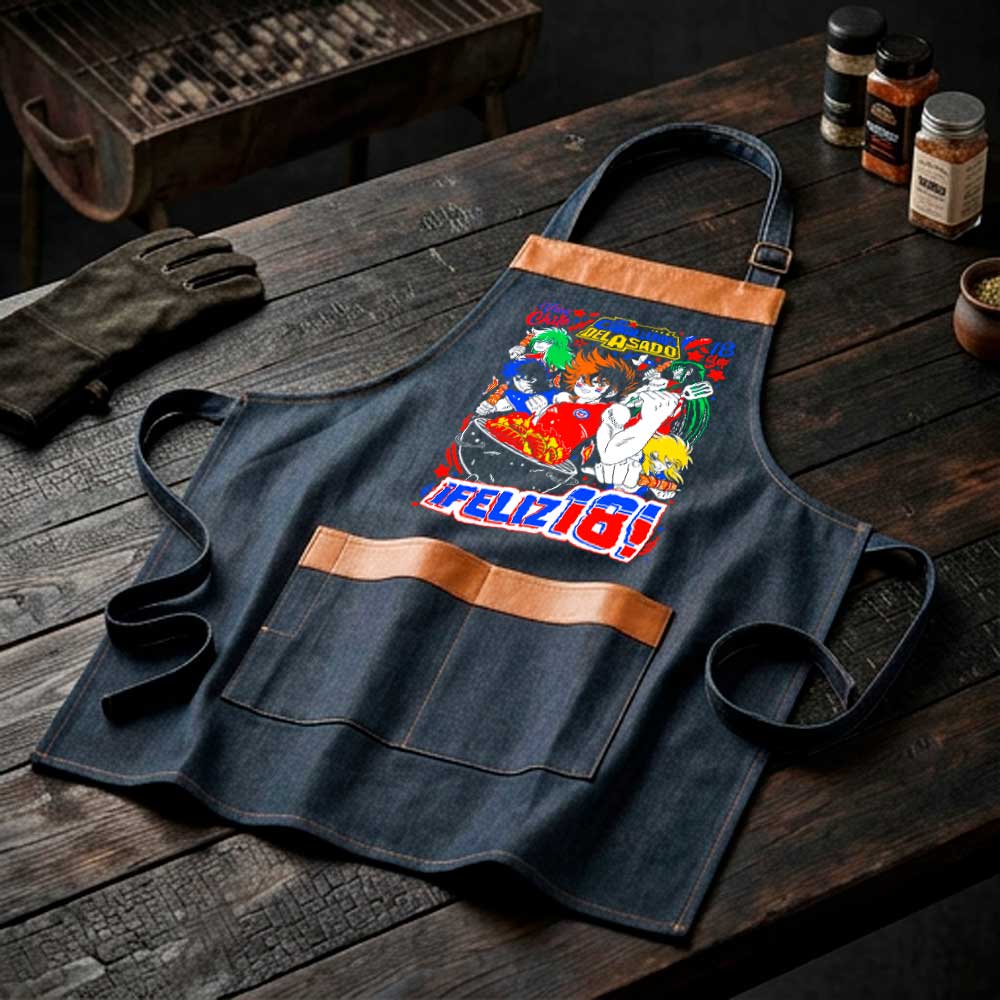Pechera parrillera Caballeros del Zodiaco de mezclilla con bolsillo frontal diseño anime Fiestas Patrias